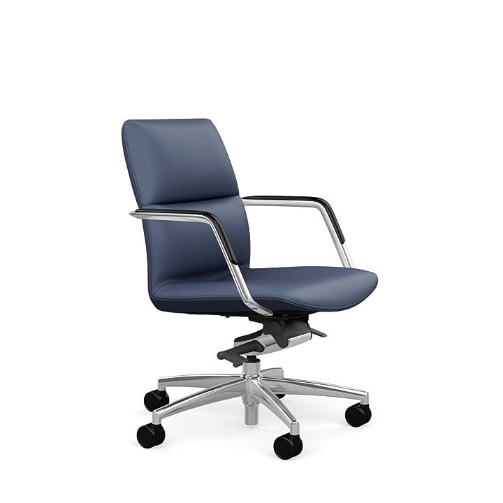 Side View of the SitOnIt Low back Sephen Executive Conference Chair in Sapphire Vinyl with a polished frame. Kansas City Office Design
