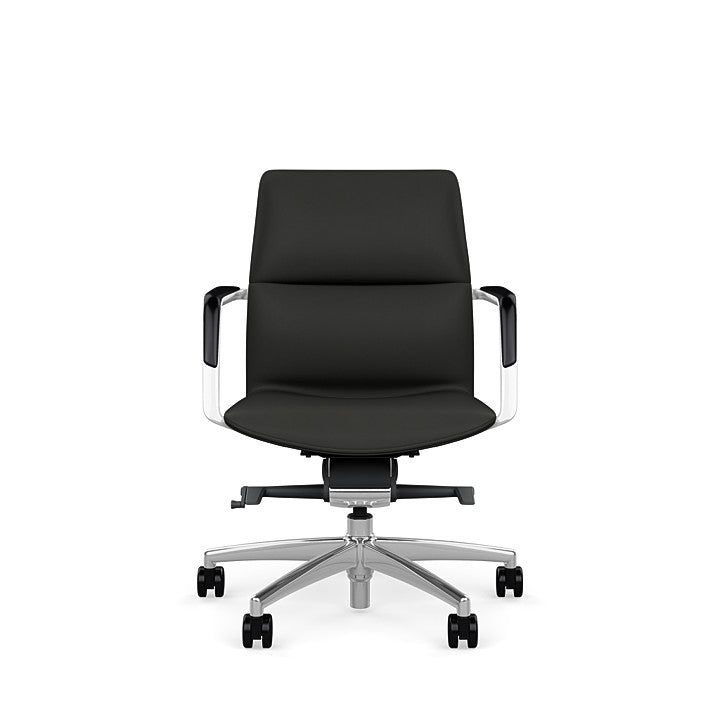 Front View of the SitOnIt Low back Sephen Executive Conference Chair in Black Vinyl with a polished frame. Kansas City Office Design