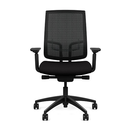 Front view of the Highback SitonIt Focus 2.0 Ergonomic Desk Chair in a black mesh, black frame, black fabric seat. Kansas City Office Design