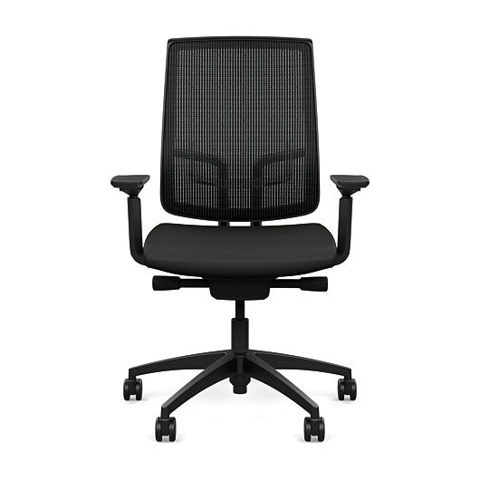 Front view of the Highback SitonIt Focus 2.0 Ergonomic Desk Chair in a black mesh, black frame, black vinyl fabric seat. Kansas City Office Design