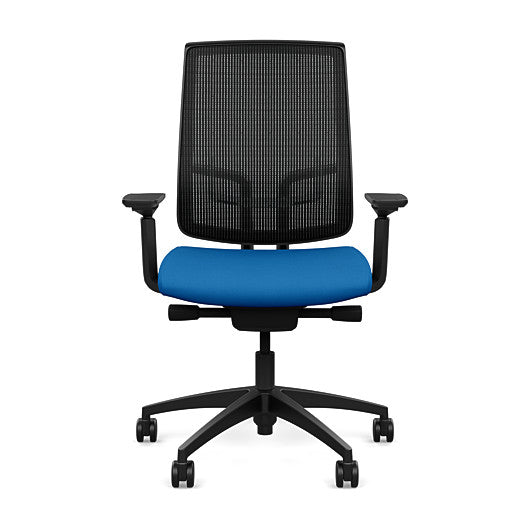 Front view of the Highback SitonIt Focus 2.0 Ergonomic Desk Chair in a black mesh, black frame, blue fabric seat. Kansas City Office Design