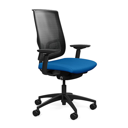 Side view of the Highback SitonIt Focus 2.0 Ergonomic Desk Chair in a black mesh, black frame, blue fabric seat. Kansas City Office Design
