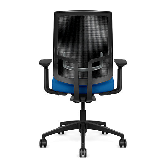 Back view of the Highback SitonIt Focus 2.0 Ergonomic Desk Chair in a black mesh, black frame, blue fabric seat. Kansas City Office Design