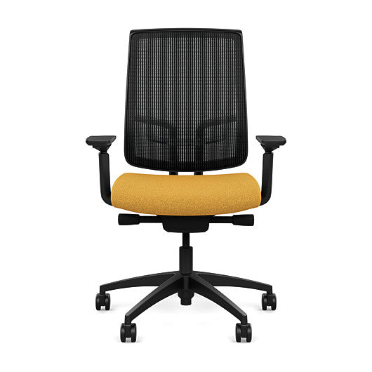 Front view of the Highback SitonIt Focus 2.0 Ergonomic Desk Chair in a black mesh, black frame, gold fabric seat. Kansas City Office Design