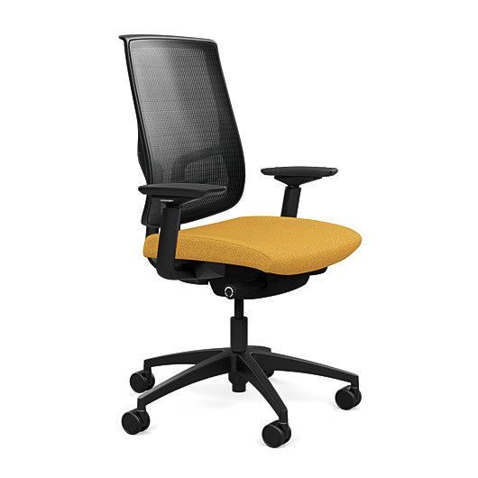 Side view of the Highback SitonIt Focus 2.0 Ergonomic Desk Chair in a black mesh, black frame, gold fabric seat. Kansas City Office Design