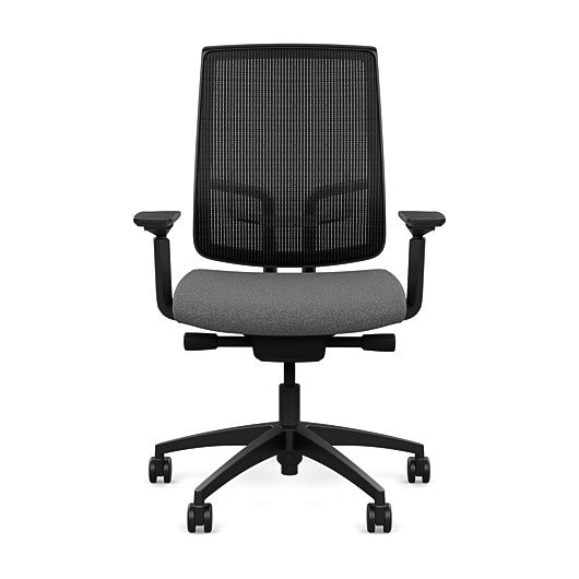 Front view of the Highback SitonIt Focus 2.0 Ergonomic Desk Chair in a black mesh, black frame, gray fabric seat. Kansas City Office Design