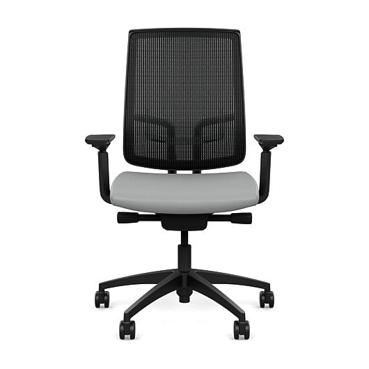 Front view of the Highback SitonIt Focus 2.0 Ergonomic Desk Chair in a black mesh, black frame, platinum vinyl fabric seat. Kansas City Office Design