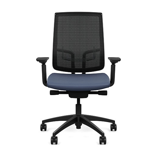 Front view of the Highback SitonIt Focus 2.0 Ergonomic Desk Chair in a black mesh, black frame, sapphire vinyl fabric seat. Kansas City Office Design