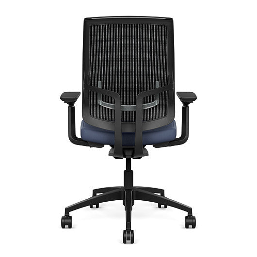 Back view of the Highback SitonIt Focus 2.0 Ergonomic Desk Chair in a black mesh, black frame, sapphire vinyl fabric seat. Kansas City Office Design