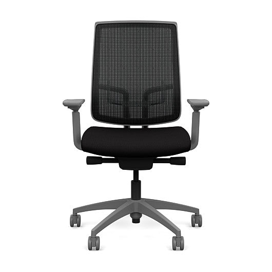 Front view of the Highback SitonIt Focus 2.0 Ergonomic Desk Chair in a black mesh, fog frame, black fabric seat. Kansas City Office Design