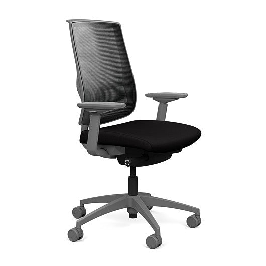 Side view of the Highback SitonIt Focus 2.0 Ergonomic Desk Chair in a black mesh, fog frame, black fabric seat. Kansas City Office Design