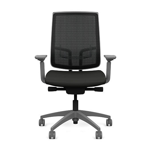Front view of the Highback SitonIt Focus 2.0 Ergonomic Desk Chair in a black mesh, fog frame, black vinyl fabric seat. Kansas City Office Design