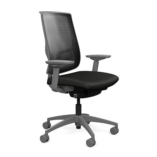 Side view of the Highback SitonIt Focus 2.0 Ergonomic Desk Chair in a black mesh, fog frame, black vinyl fabric seat. Kansas City Office Design