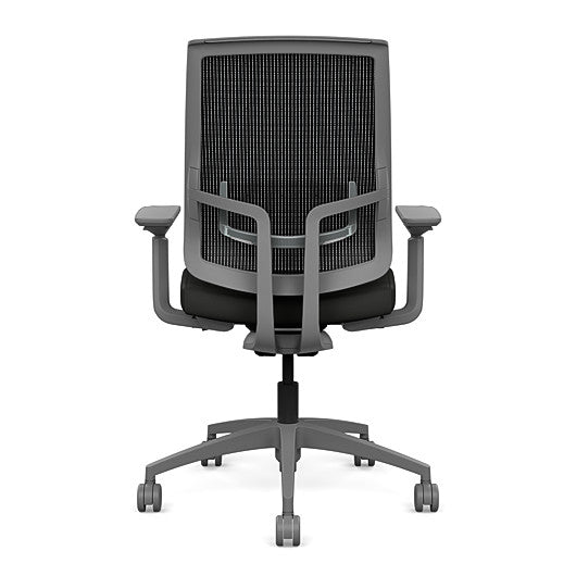 Back view of the Highback SitonIt Focus 2.0 Ergonomic Desk Chair in a black mesh, fog frame, black vinyl fabric seat. Kansas City Office Design