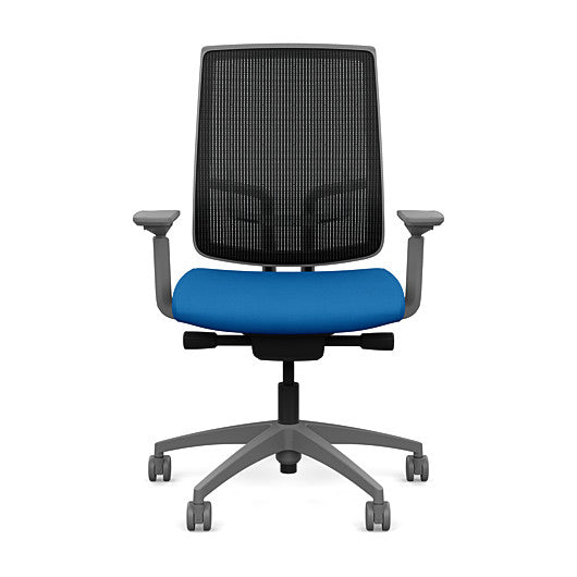 Front view of the Highback SitonIt Focus 2.0 Ergonomic Desk Chair in a black mesh, fog frame, blue fabric seat. Kansas City Office Design