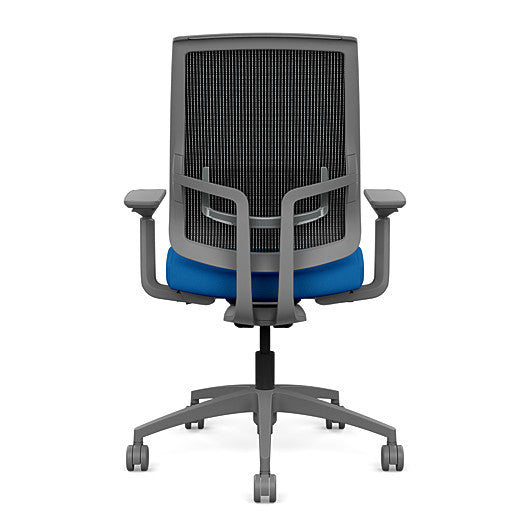 Back view of the Highback SitonIt Focus 2.0 Ergonomic Desk Chair in a black mesh, fog frame, blue fabric seat. Kansas City Office Design