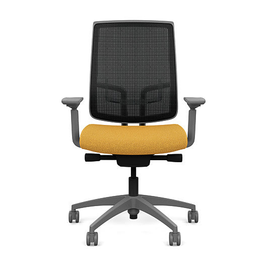 Front view of the Highback SitonIt Focus 2.0 Ergonomic Desk Chair in a black mesh, fog frame, gold fabric seat. Kansas City Office Design