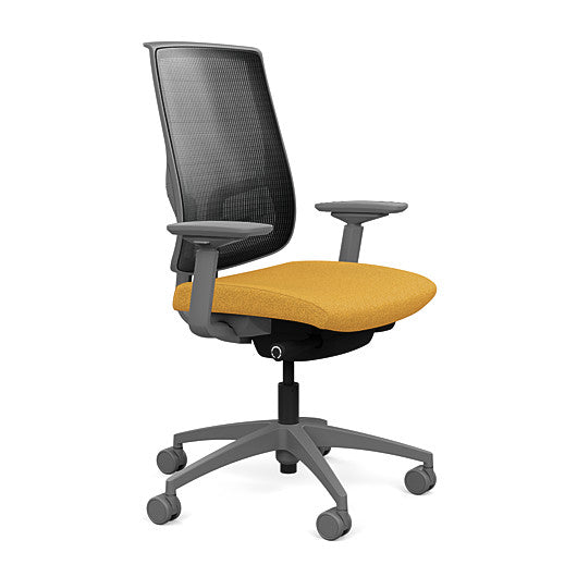 Side view of the Highback SitonIt Focus 2.0 Ergonomic Desk Chair in a black mesh, fog frame, gold fabric seat. Kansas City Office Design