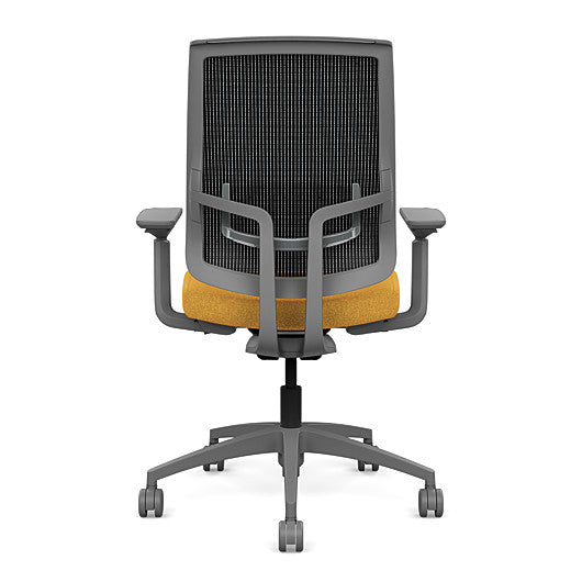 Back view of the Highback SitonIt Focus 2.0 Ergonomic Desk Chair in a black mesh, fog frame, gold fabric seat. Kansas City Office Design