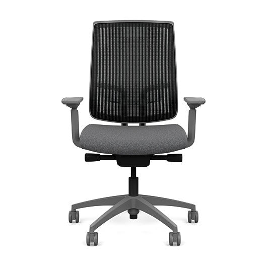 Front view of the Highback SitonIt Focus 2.0 Ergonomic Desk Chair in a black mesh, fog frame, gray fabric seat. Kansas City Office Design