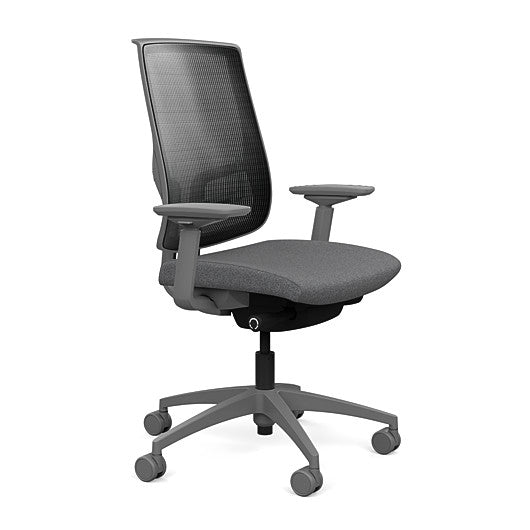 Side view of the Highback SitonIt Focus 2.0 Ergonomic Desk Chair in a black mesh, fog frame, gray fabric seat. Kansas City Office Design