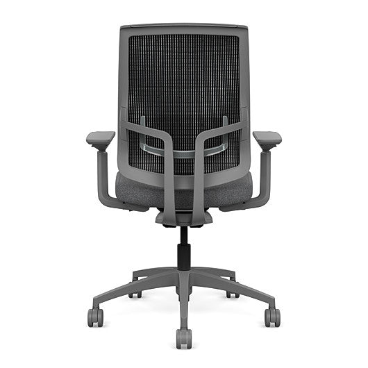 Back view of the Highback SitonIt Focus 2.0 Ergonomic Desk Chair in a black mesh, fog frame, gray fabric seat. Kansas City Office Design