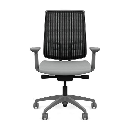 Front view of the Highback SitonIt Focus 2.0 Ergonomic Desk Chair in a black mesh, fog frame, platinum vinyl fabric seat. Kansas City Office Design