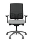 Front view of the Highback SitonIt Focus 2.0 Ergonomic Desk Chair in a black mesh, fog frame, platinum vinyl fabric seat. Kansas City Office Design