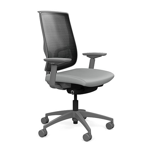 Side view of the Highback SitonIt Focus 2.0 Ergonomic Desk Chair in a black mesh, fog frame, platinum vinyl fabric seat. Kansas City Office Design