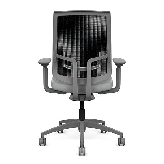 Back view of the Highback SitonIt Focus 2.0 Ergonomic Desk Chair in a black mesh, fog frame, platinum vinyl fabric seat. Kansas City Office Design