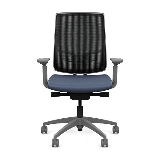 Front view of the Highback SitonIt Focus 2.0 Ergonomic Desk Chair in a black mesh, fog frame, sapphire vinyl fabric seat. Kansas City Office Design