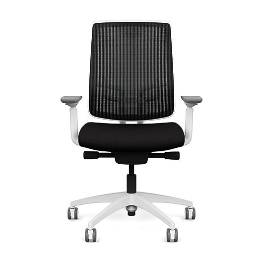 Front view of the Highback SitonIt Focus 2.0 Ergonomic Desk Chair in a black mesh, white frame, black fabric seat. Kansas City Office Design