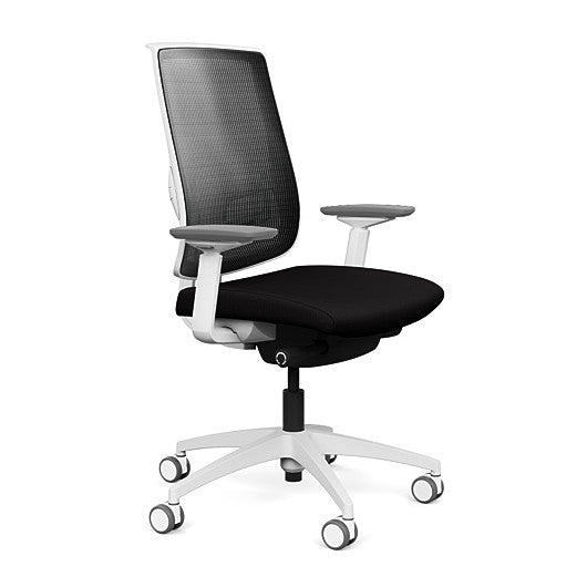 Side view of the Highback SitonIt Focus 2.0 Ergonomic Desk Chair in a black mesh, white frame, black fabric seat. Kansas City Office Design
