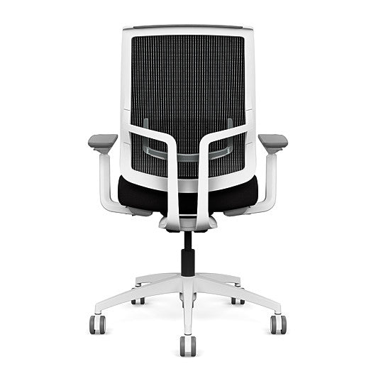 Back view of the Highback SitonIt Focus 2.0 Ergonomic Desk Chair in a black mesh, white frame, black fabric seat. Kansas City Office Design