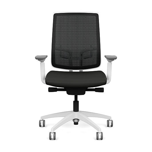 Front view of the Highback SitonIt Focus 2.0 Ergonomic Desk Chair in a black mesh, white frame, black vinyl fabric seat. Kansas City Office Design