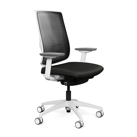 Side view of the Highback SitonIt Focus 2.0 Ergonomic Desk Chair in a black mesh, white frame, black vinyl fabric seat. Kansas City Office Design