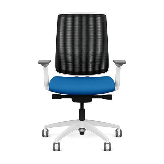 Front view of the Highback SitonIt Focus 2.0 Ergonomic Desk Chair in a black mesh, white frame, blue fabric seat. Kansas City Office Design