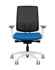 Front view of the Highback SitonIt Focus 2.0 Ergonomic Desk Chair in a black mesh, white frame, blue fabric seat. Kansas City Office Design