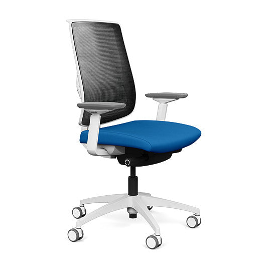Side view of the Highback SitonIt Focus 2.0 Ergonomic Desk Chair in a black mesh, white frame, blue fabric seat. Kansas City Office Design