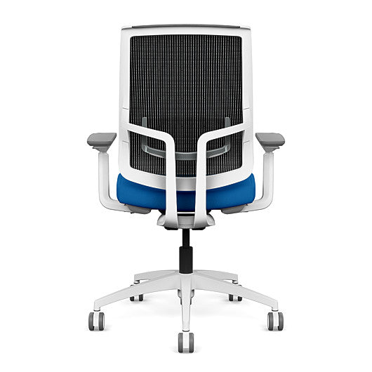 Back view of the Highback SitonIt Focus 2.0 Ergonomic Desk Chair in a black mesh, white frame, blue fabric seat. Kansas City Office Design