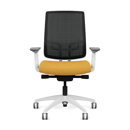 Front view of the Highback SitonIt Focus 2.0 Ergonomic Desk Chair in a black mesh, white frame, gold fabric seat. Kansas City Office Design