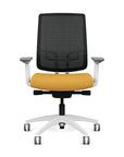 Front view of the Highback SitonIt Focus 2.0 Ergonomic Desk Chair in a black mesh, white frame, gold fabric seat. Kansas City Office Design