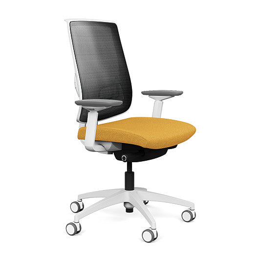 Side view of the Highback SitonIt Focus 2.0 Ergonomic Desk Chair in a black mesh, white frame, gold fabric seat. Kansas City Office Design