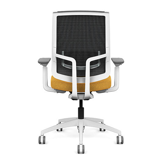 Back view of the Highback SitonIt Focus 2.0 Ergonomic Desk Chair in a black mesh, white frame, gold fabric seat. Kansas City Office Design