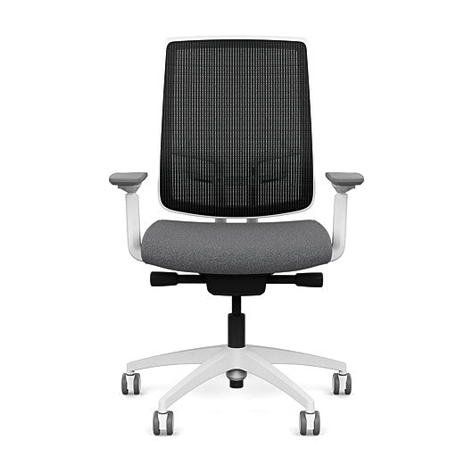 Front view of the Highback SitonIt Focus 2.0 Ergonomic Desk Chair in a black mesh, white frame, gray fabric seat. Kansas City Office Design