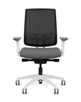 Front view of the Highback SitonIt Focus 2.0 Ergonomic Desk Chair in a black mesh, white frame, gray fabric seat. Kansas City Office Design
