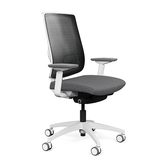 Side view of the Highback SitonIt Focus 2.0 Ergonomic Desk Chair in a black mesh, white frame, gray fabric seat. Kansas City Office Design