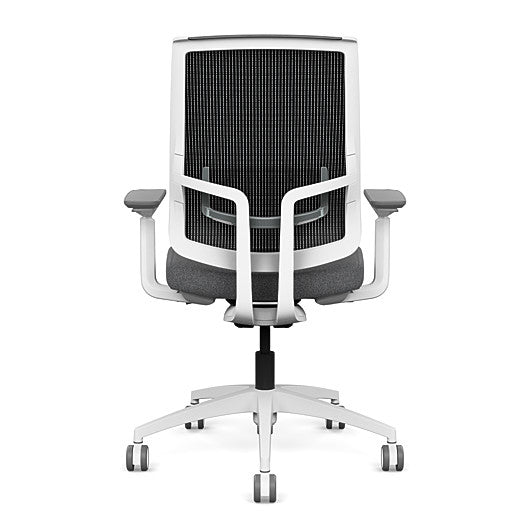 Back view of the Highback SitonIt Focus 2.0 Ergonomic Desk Chair in a black mesh, white frame, gray fabric seat. Kansas City Office Design