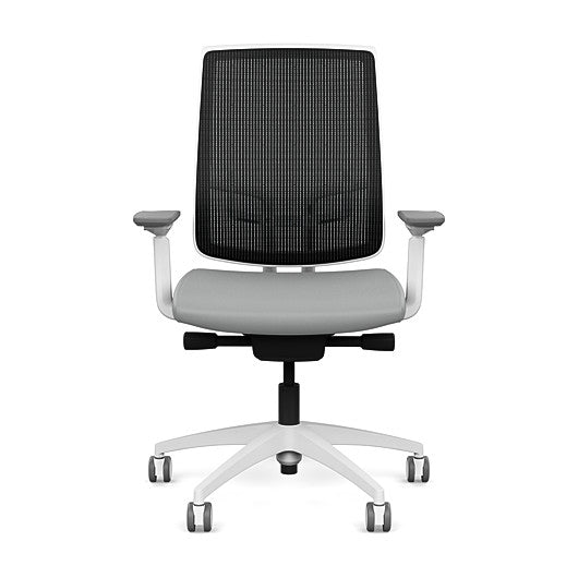 Front view of the Highback SitonIt Focus 2.0 Ergonomic Desk Chair in a black mesh, white frame, platinum vinyl fabric seat. Kansas City Office Design
