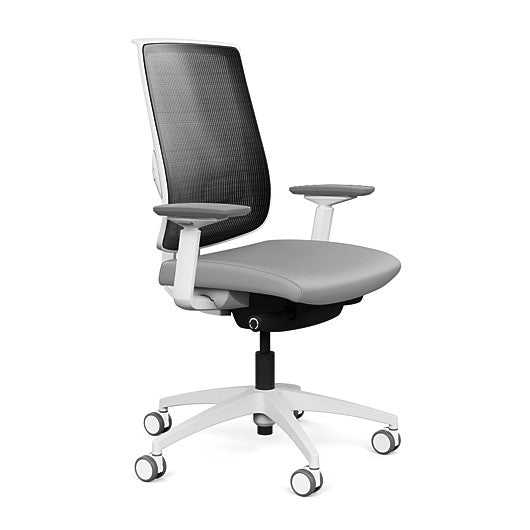 Side view of the Highback SitonIt Focus 2.0 Ergonomic Desk Chair in a black mesh, white frame, platinum vinyl fabric seat. Kansas City Office Design